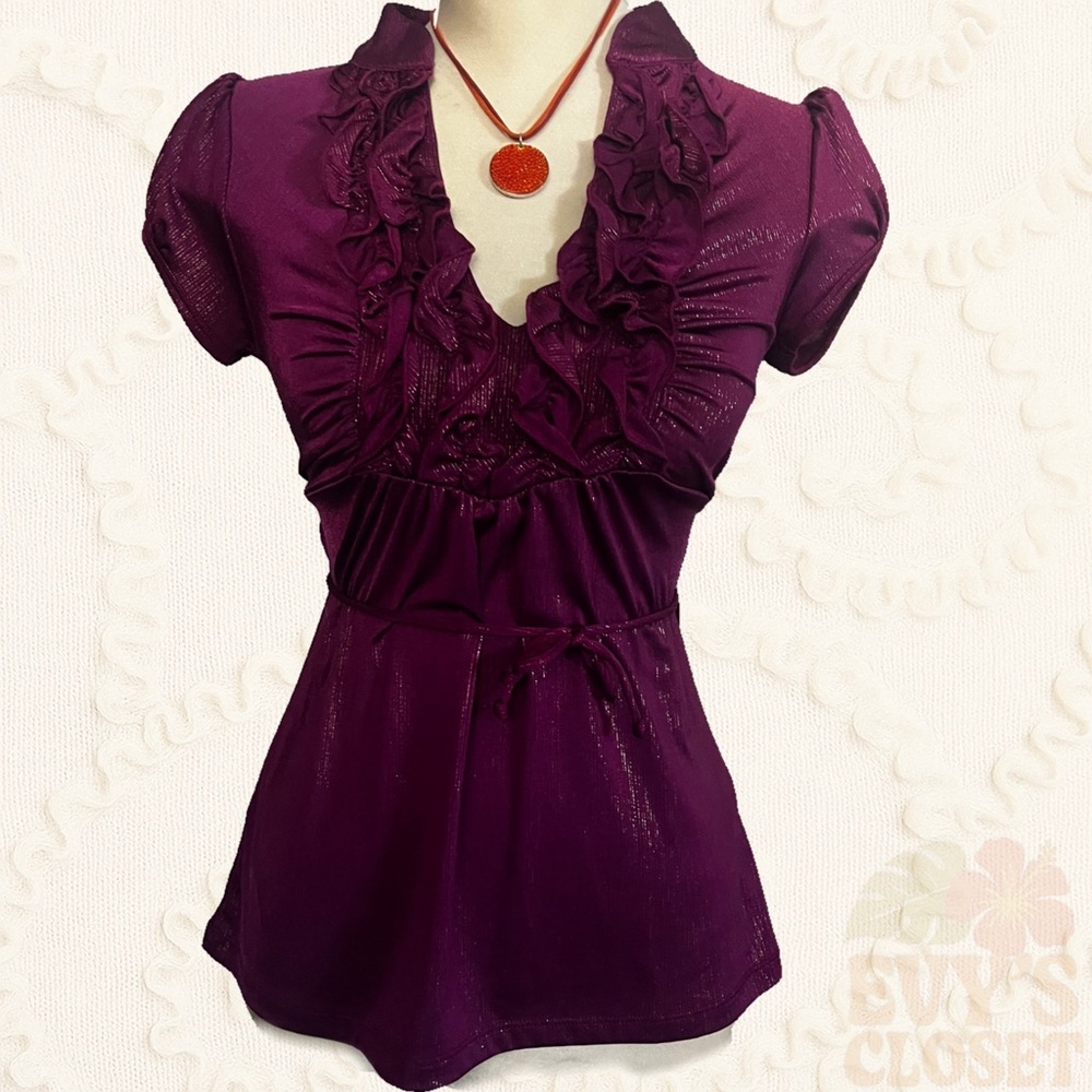 Women's Ruffle V-Neck Short Sleeve Top - Purple